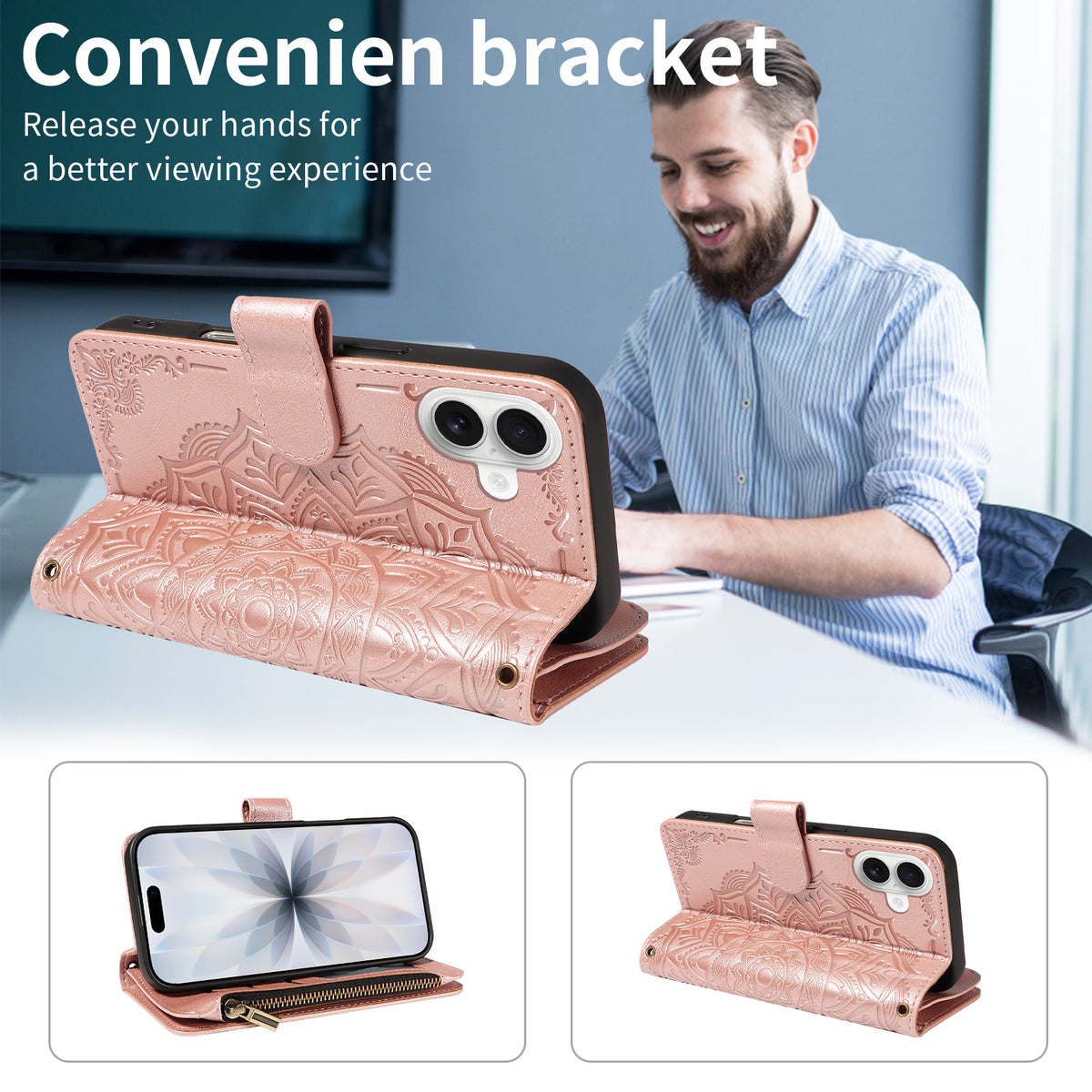 For iPhone 17 Wallet Case 9 Card Slots RFID Blocking Mandala Embossed Leather Flip Cover with Wrist Strap