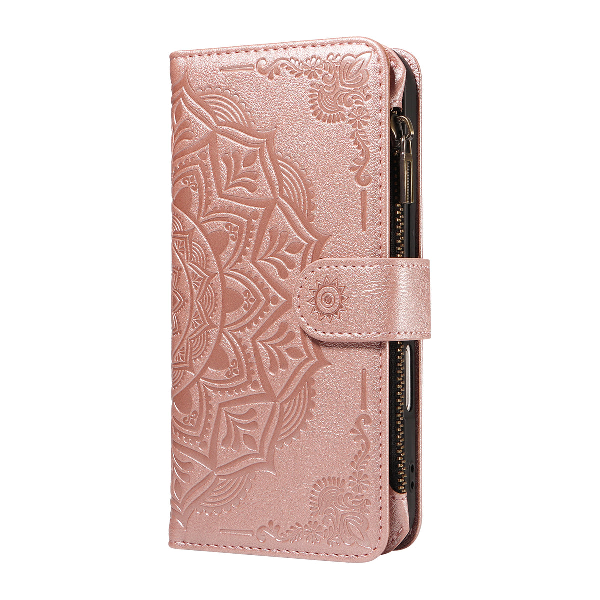 For iPhone 17 Wallet Case 9 Card Slots RFID Blocking Mandala Embossed Leather Flip Cover with Wrist Strap