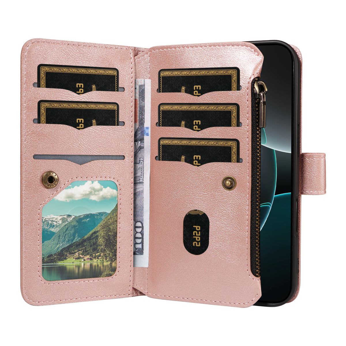 For iPhone 17 Wallet Case 9 Card Slots RFID Blocking Mandala Embossed Leather Flip Cover with Wrist Strap