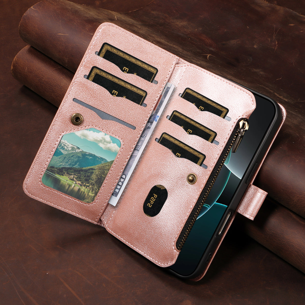 For iPhone 17 Wallet Case 9 Card Slots RFID Blocking Mandala Embossed Leather Flip Cover with Wrist Strap