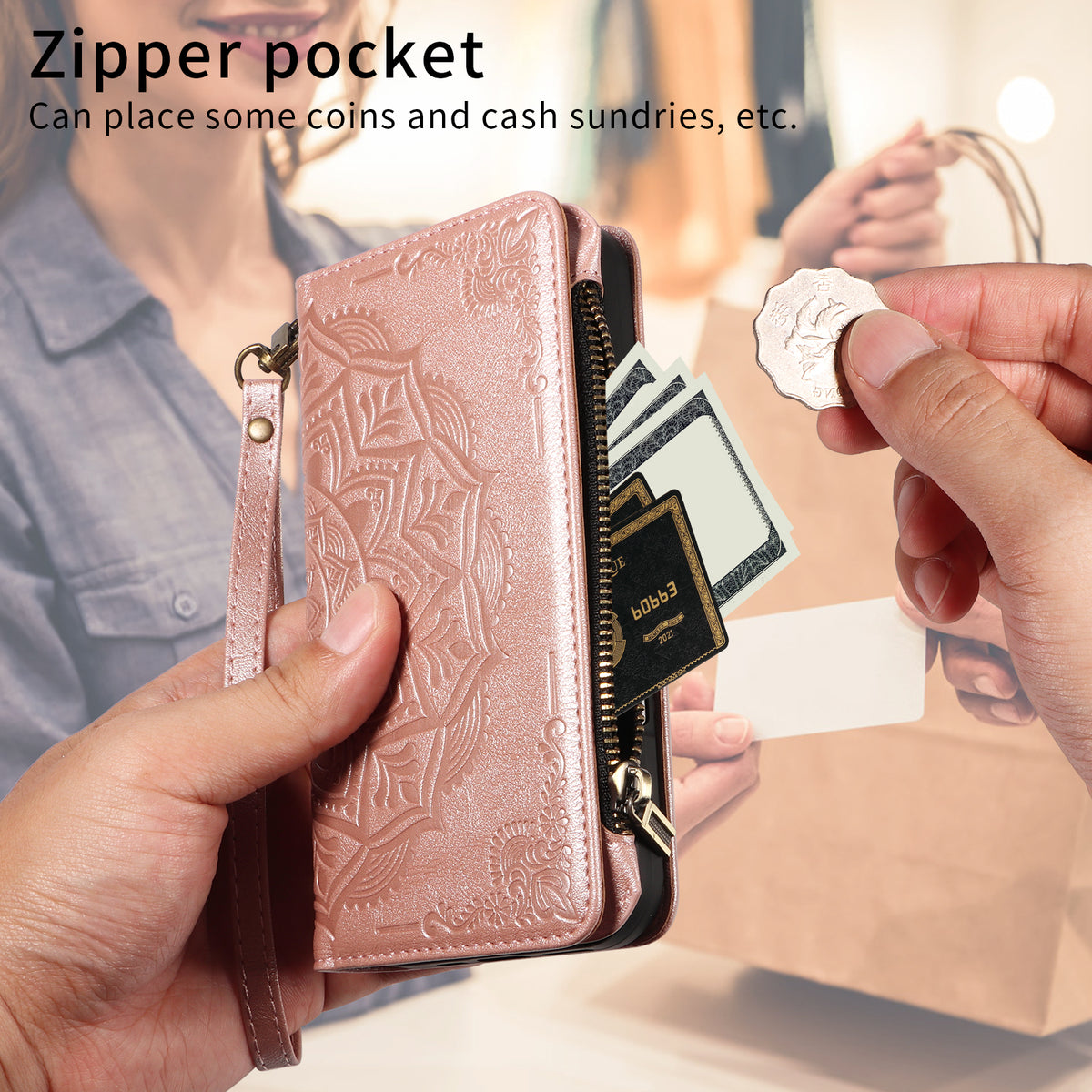 For iPhone 17 Wallet Case 9 Card Slots RFID Blocking Mandala Embossed Leather Flip Cover with Wrist Strap