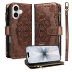 For iPhone 17 Wallet Case 9 Card Slots RFID Blocking Mandala Embossed Leather Flip Cover with Wrist Strap