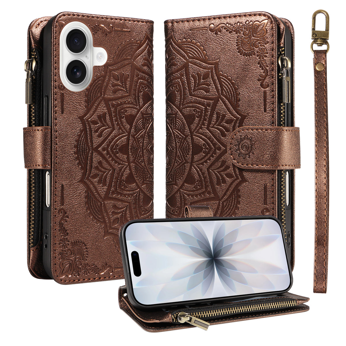For iPhone 17 Wallet Case 9 Card Slots RFID Blocking Mandala Embossed Leather Flip Cover with Wrist Strap