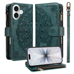 For iPhone 17 Wallet Case 9 Card Slots RFID Blocking Mandala Embossed Leather Flip Cover with Wrist Strap