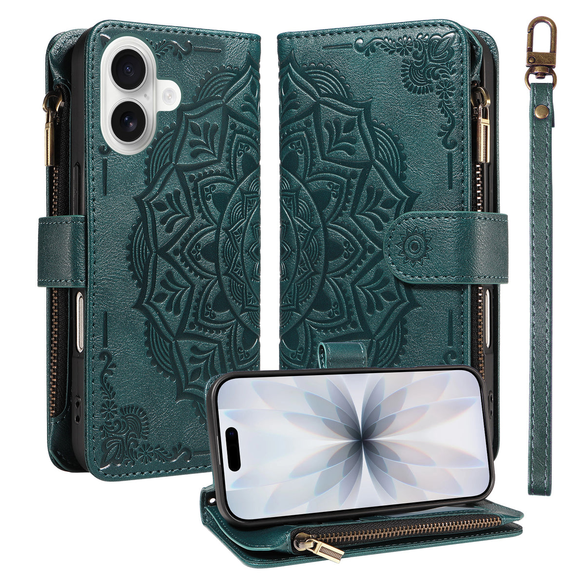 For iPhone 17 Wallet Case 9 Card Slots RFID Blocking Mandala Embossed Leather Flip Cover with Wrist Strap