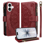 For iPhone 17 Wallet Case 9 Card Slots RFID Blocking Mandala Embossed Leather Flip Cover with Wrist Strap