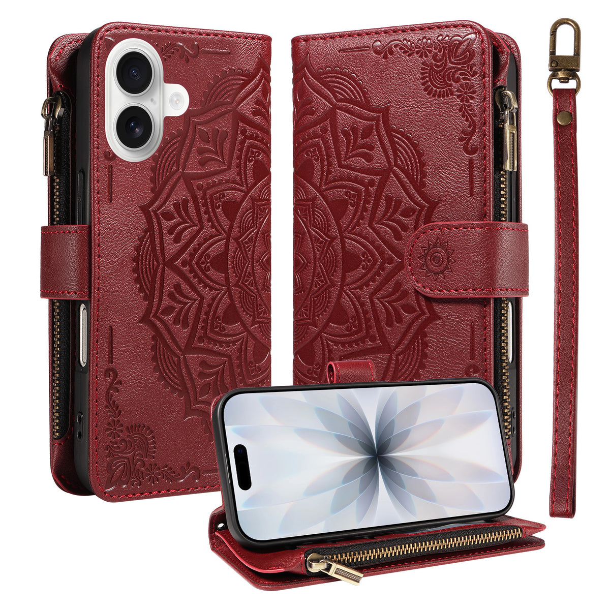 For iPhone 17 Wallet Case 9 Card Slots RFID Blocking Mandala Embossed Leather Flip Cover with Wrist Strap
