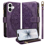For iPhone 17 Wallet Case 9 Card Slots RFID Blocking Mandala Embossed Leather Flip Cover with Wrist Strap