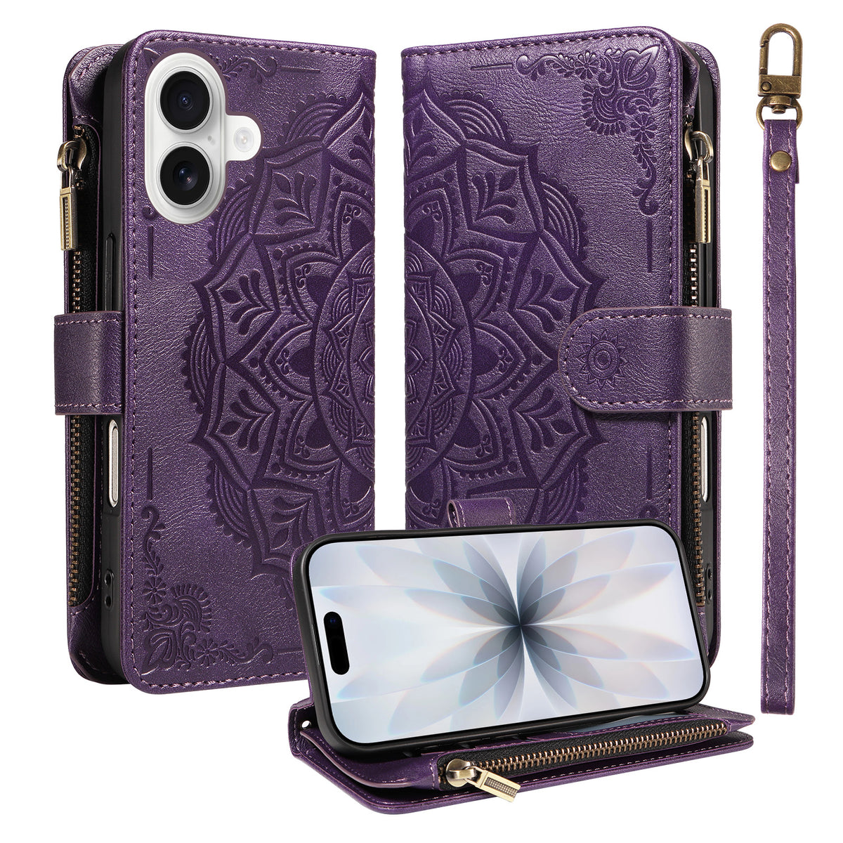 For iPhone 17 Wallet Case 9 Card Slots RFID Blocking Mandala Embossed Leather Flip Cover with Wrist Strap