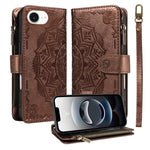 For iPhone 16e / iPhone 17e Wallet Case 9 Card Slots RFID Blocking Mandala Embossed Leather Flip Cover with Wrist Strap