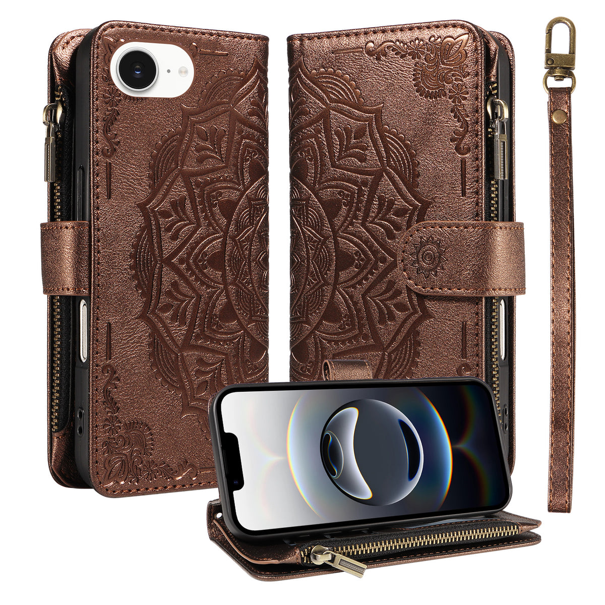 For iPhone 16e / iPhone 17e Wallet Case 9 Card Slots RFID Blocking Mandala Embossed Leather Flip Cover with Wrist Strap