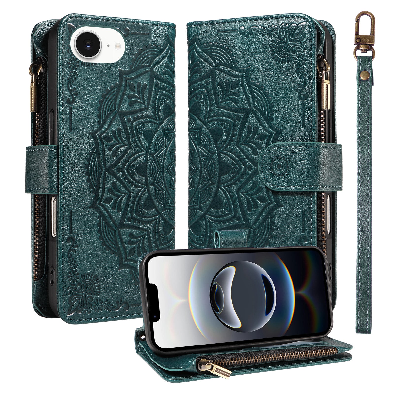Til iPhone 16e / iPhone 17e Pungcover med 9 Kortlommer RFID-blokering Præget Mandala Læder Flip Cover med Håndrem