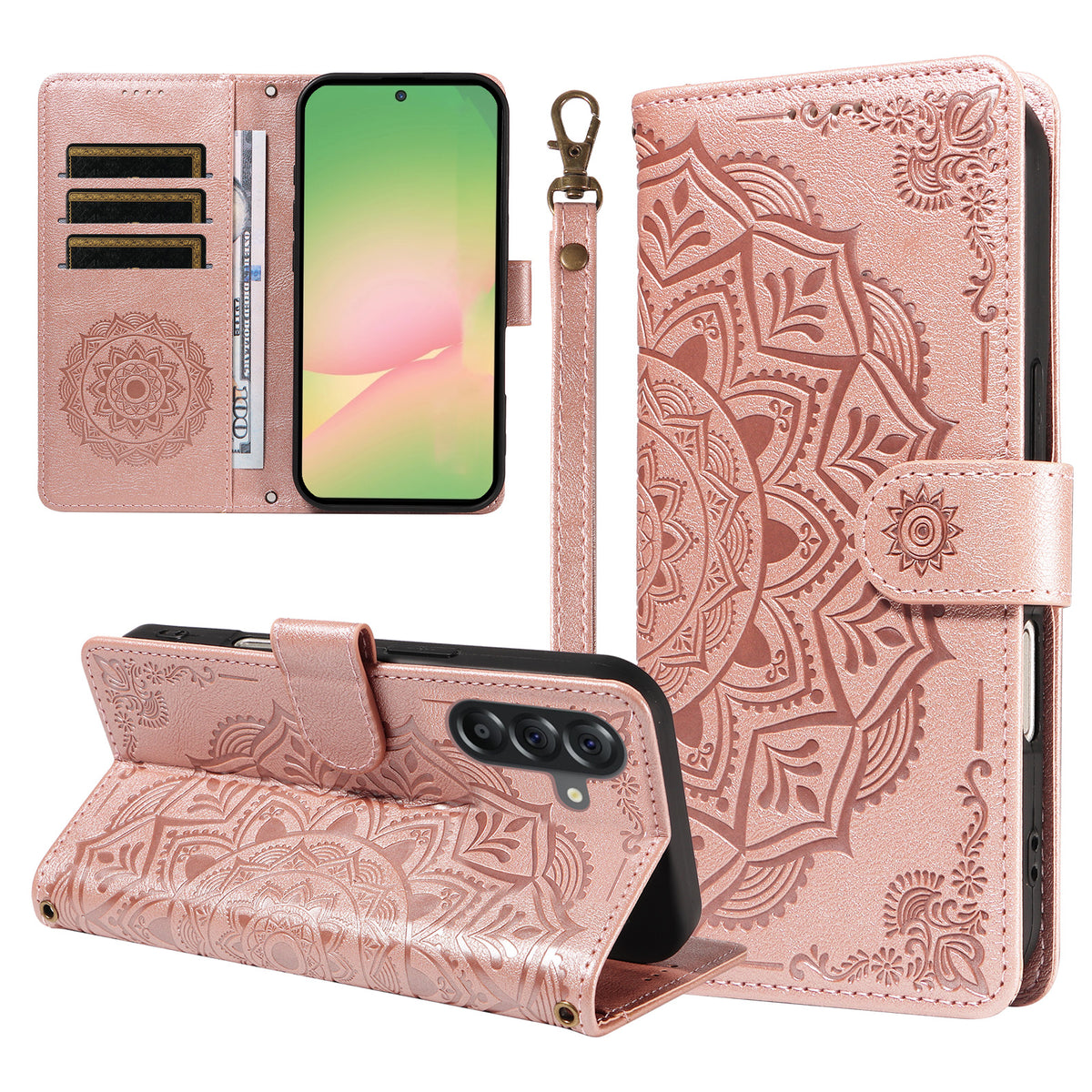 For Samsung Galaxy M56 5G / Galaxy A56 5G Wallet Case Embossed Mandala Pattern PU Leather + TPU Cover with Wrist Strap