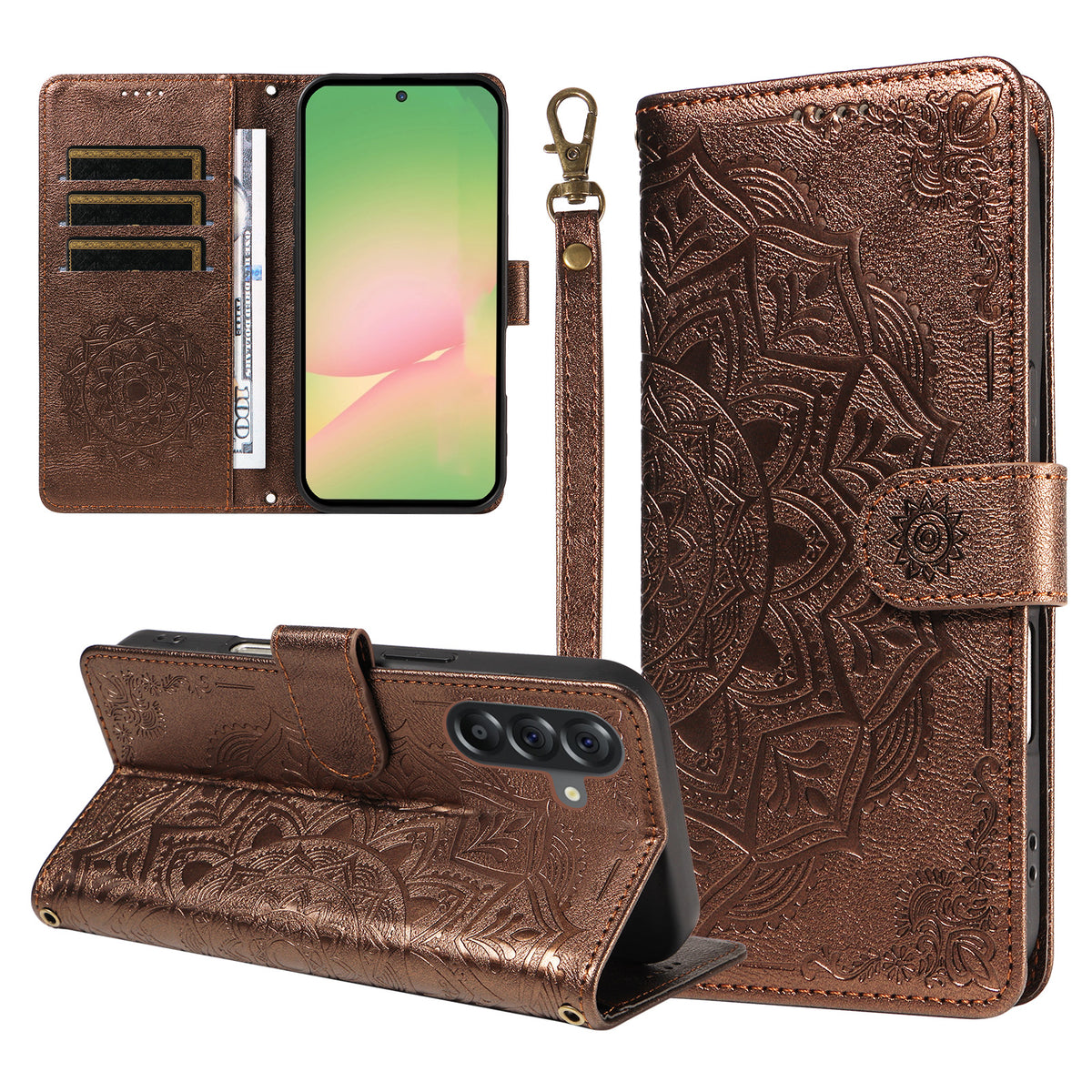 For Samsung Galaxy M56 5G / Galaxy A56 5G Wallet Case Embossed Mandala Pattern PU Leather + TPU Cover with Wrist Strap