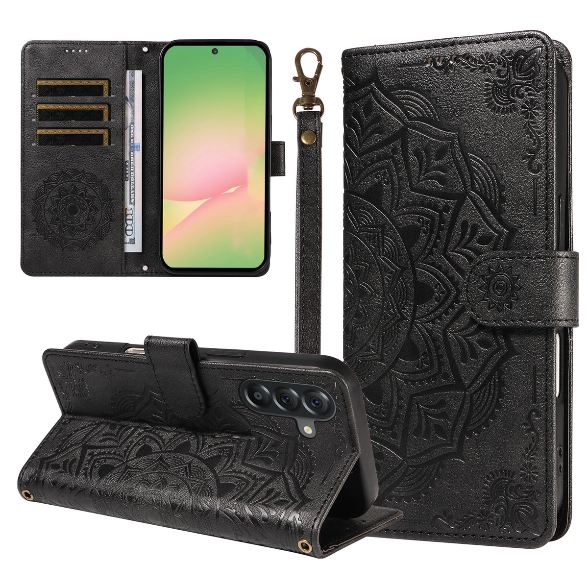 For Samsung Galaxy M56 5G / Galaxy A56 5G Wallet Case Embossed Mandala Pattern PU Leather + TPU Cover with Wrist Strap