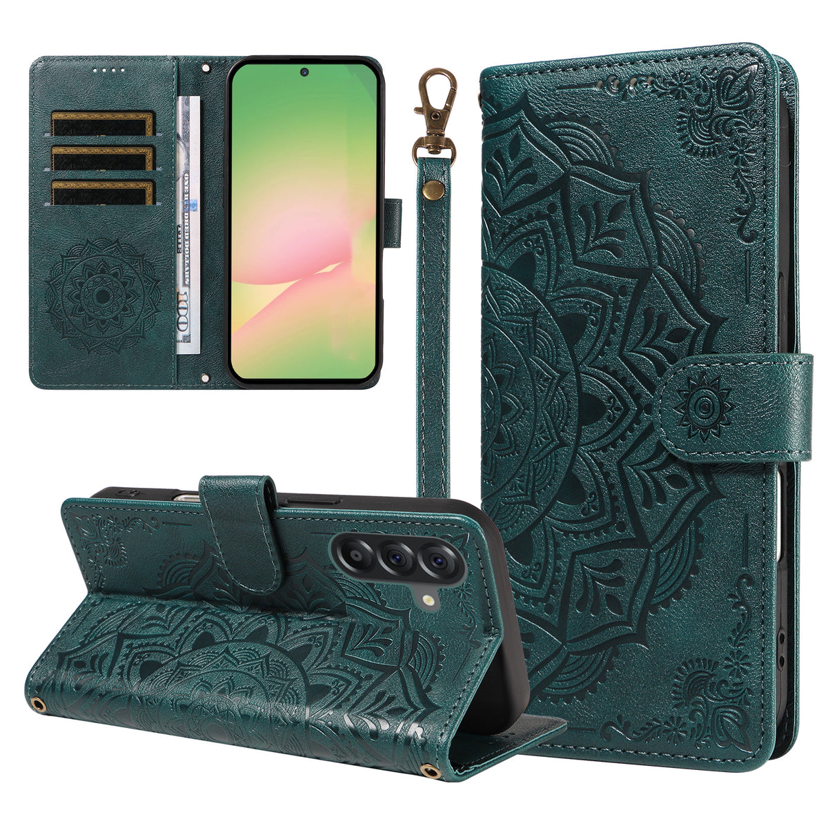 For Samsung Galaxy M56 5G / Galaxy A56 5G Wallet Case Embossed Mandala Pattern PU Leather + TPU Cover with Wrist Strap