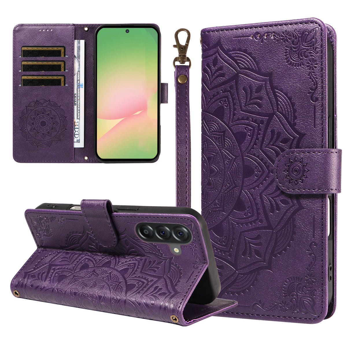 For Samsung Galaxy M56 5G / Galaxy A56 5G Wallet Case Embossed Mandala Pattern PU Leather + TPU Cover with Wrist Strap