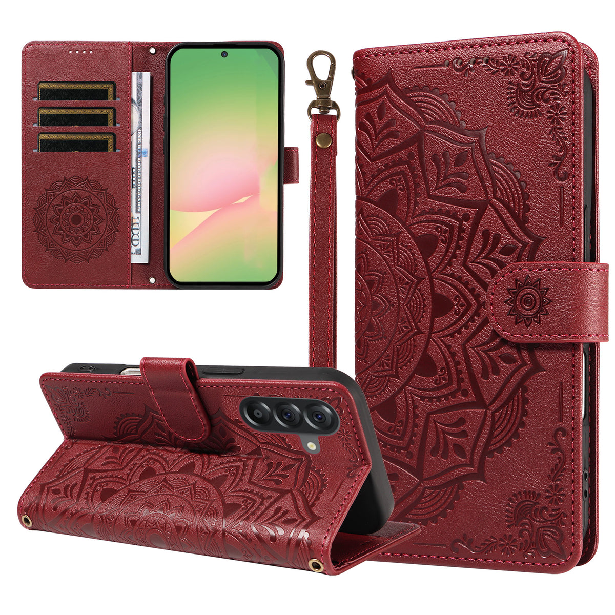 For Samsung Galaxy M56 5G / Galaxy A56 5G Wallet Case Embossed Mandala Pattern PU Leather + TPU Cover with Wrist Strap