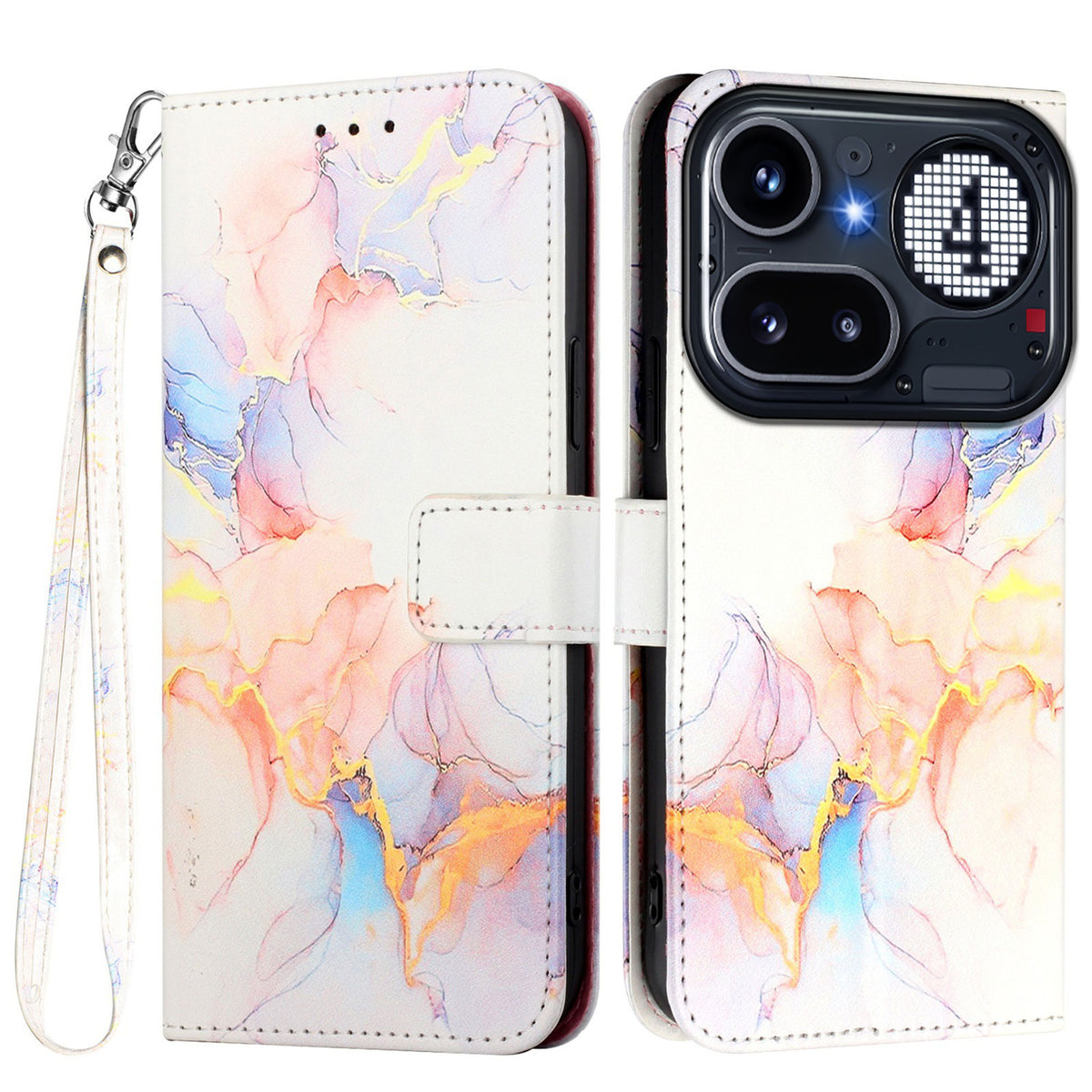 For Nothing Phone (4a) Pro Case with Strap Marble Pattern Leather Phone Cover Card Holder