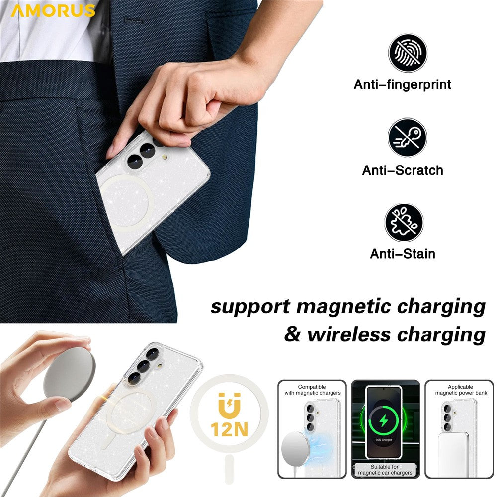 AMORUS For Samsung Galaxy S26 Magnetic Case Glitter Powder PC + TPU Phone Cover