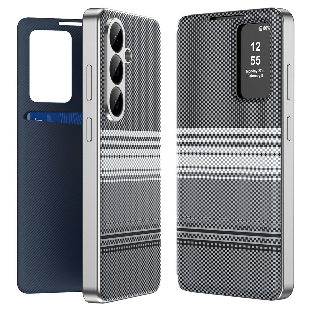 For Samsung Galaxy A57 5G Case Card Slot View Window Gradient Color Checkered Pattern Leather Phone Cover