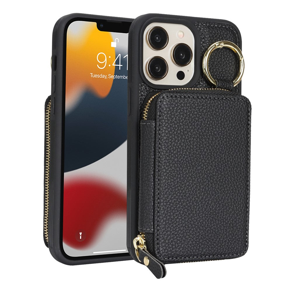 For iPhone 12 Pro Max  /  13 Pro Max Zipper Wallet Case Litchi Texture Leather Back Phone Cover with Metal Ring Holder