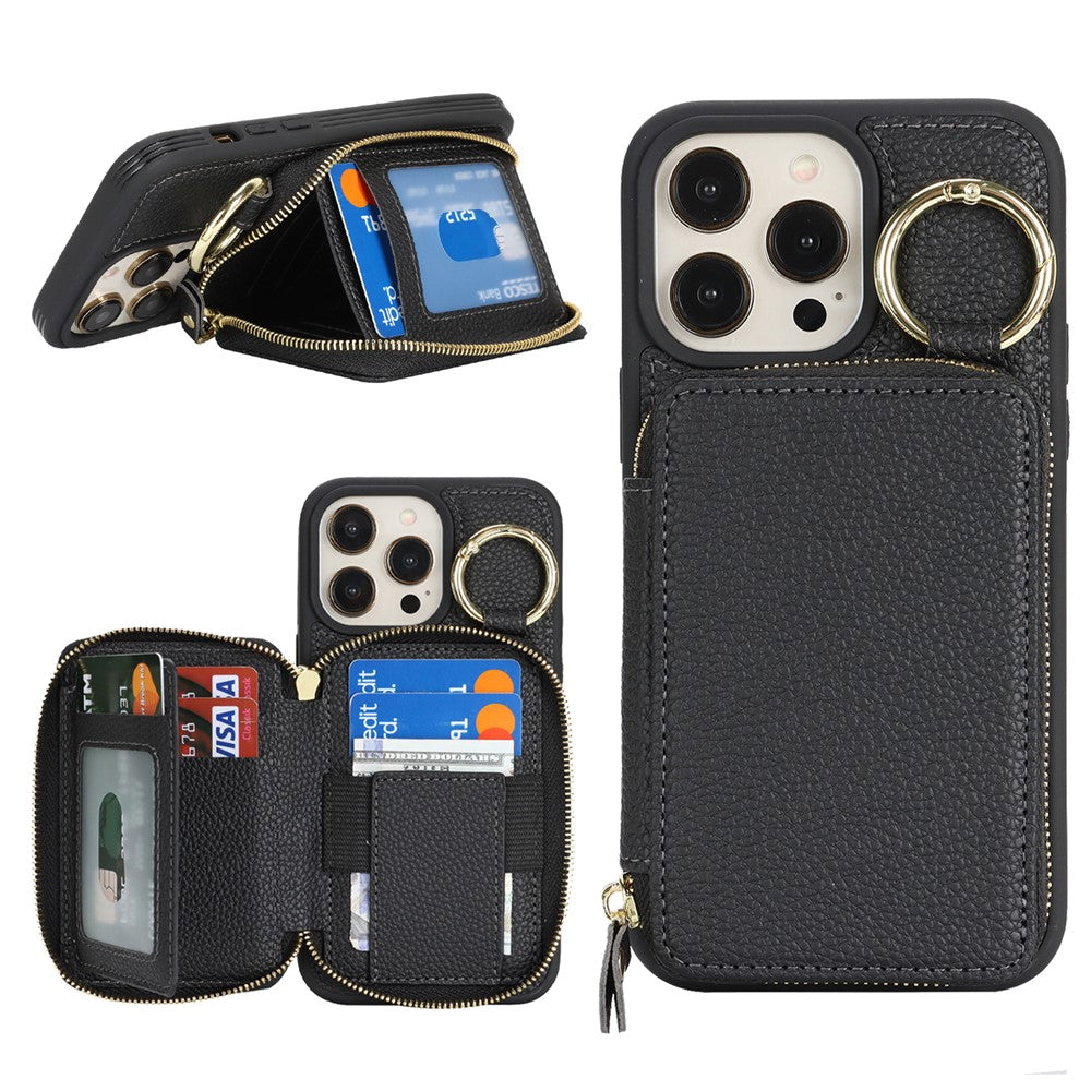 For iPhone 12 Pro Max  /  13 Pro Max Zipper Wallet Case Litchi Texture Leather Back Phone Cover with Metal Ring Holder