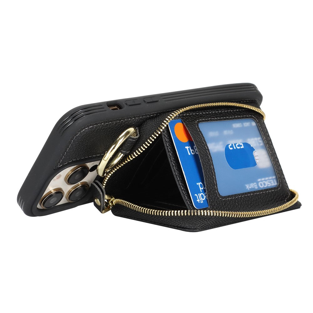 For iPhone 12 Pro Max  /  13 Pro Max Zipper Wallet Case Litchi Texture Leather Back Phone Cover with Metal Ring Holder
