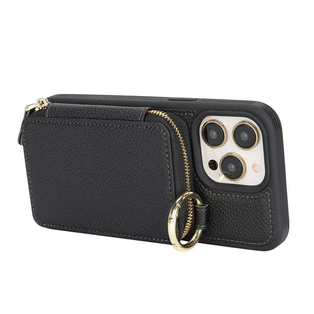 For iPhone 12 Pro Max  /  13 Pro Max Zipper Wallet Case Litchi Texture Leather Back Phone Cover with Metal Ring Holder