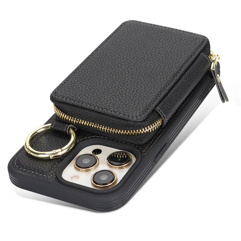 For iPhone 12 Pro Max  /  13 Pro Max Zipper Wallet Case Litchi Texture Leather Back Phone Cover with Metal Ring Holder