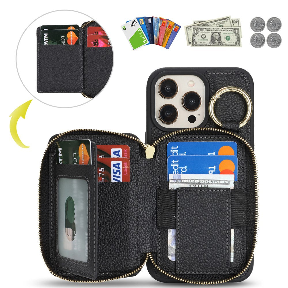 For iPhone 12 Pro Max  /  13 Pro Max Zipper Wallet Case Litchi Texture Leather Back Phone Cover with Metal Ring Holder
