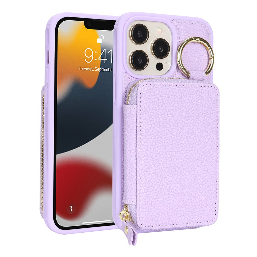 For iPhone 12 Pro Max  /  13 Pro Max Zipper Wallet Case Litchi Texture Leather Back Phone Cover with Metal Ring Holder