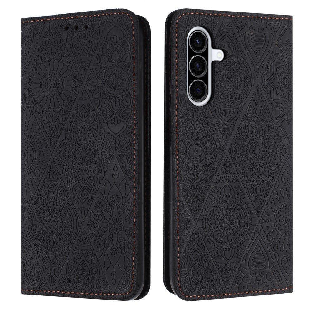 Samsung Galaxy A27 5G-skal med tryckt blommigt plånboksfodral i läder med mobilklistermärke