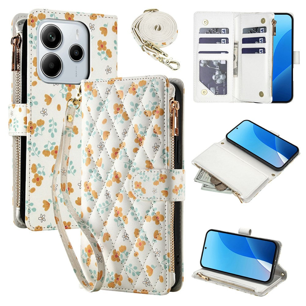 Leather Case For Xiaomi Redmi Note 14 5G  /  Poco M7 Pro 5G Rhombic Floral Pattern Zipper Wallet Phone Cover with Wrist Strap   /   Shoulder Strap