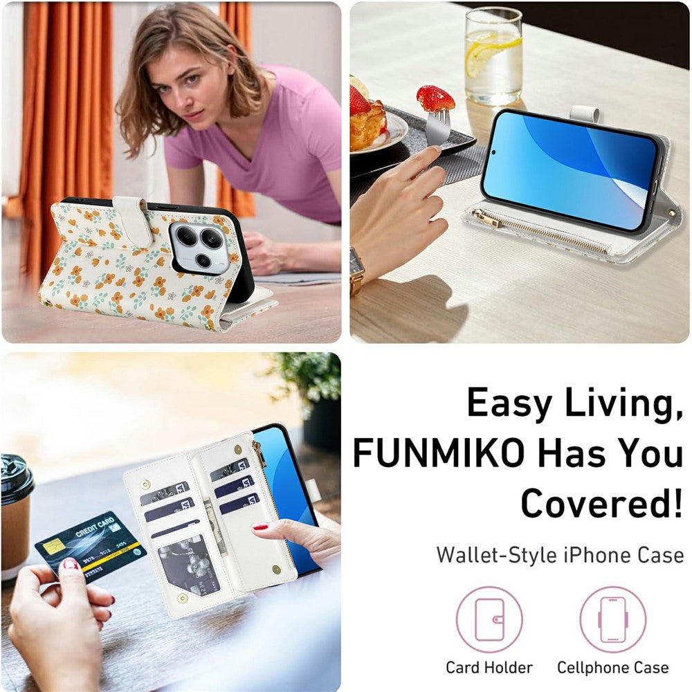Leather Case For Xiaomi Redmi Note 14 5G  /  Poco M7 Pro 5G Rhombic Floral Pattern Zipper Wallet Phone Cover with Wrist Strap   /   Shoulder Strap