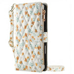 Leather Case For Xiaomi Redmi Note 14 5G  /  Poco M7 Pro 5G Rhombic Floral Pattern Zipper Wallet Phone Cover with Wrist Strap   /   Shoulder Strap