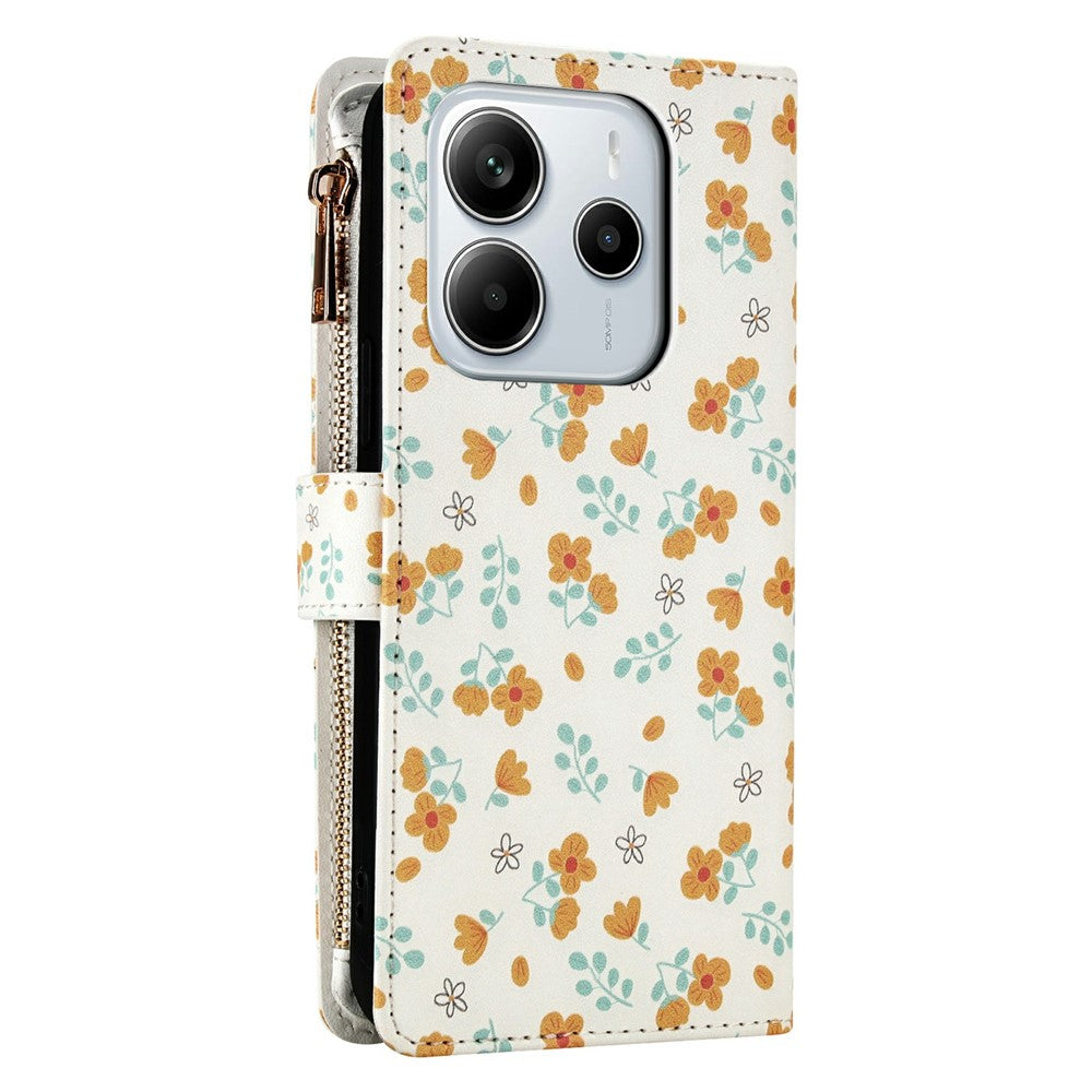 Leather Case For Xiaomi Redmi Note 14 5G  /  Poco M7 Pro 5G Rhombic Floral Pattern Zipper Wallet Phone Cover with Wrist Strap   /   Shoulder Strap