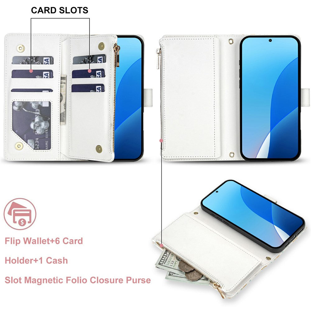 Leather Case For Xiaomi Redmi Note 14 5G  /  Poco M7 Pro 5G Rhombic Floral Pattern Zipper Wallet Phone Cover with Wrist Strap   /   Shoulder Strap