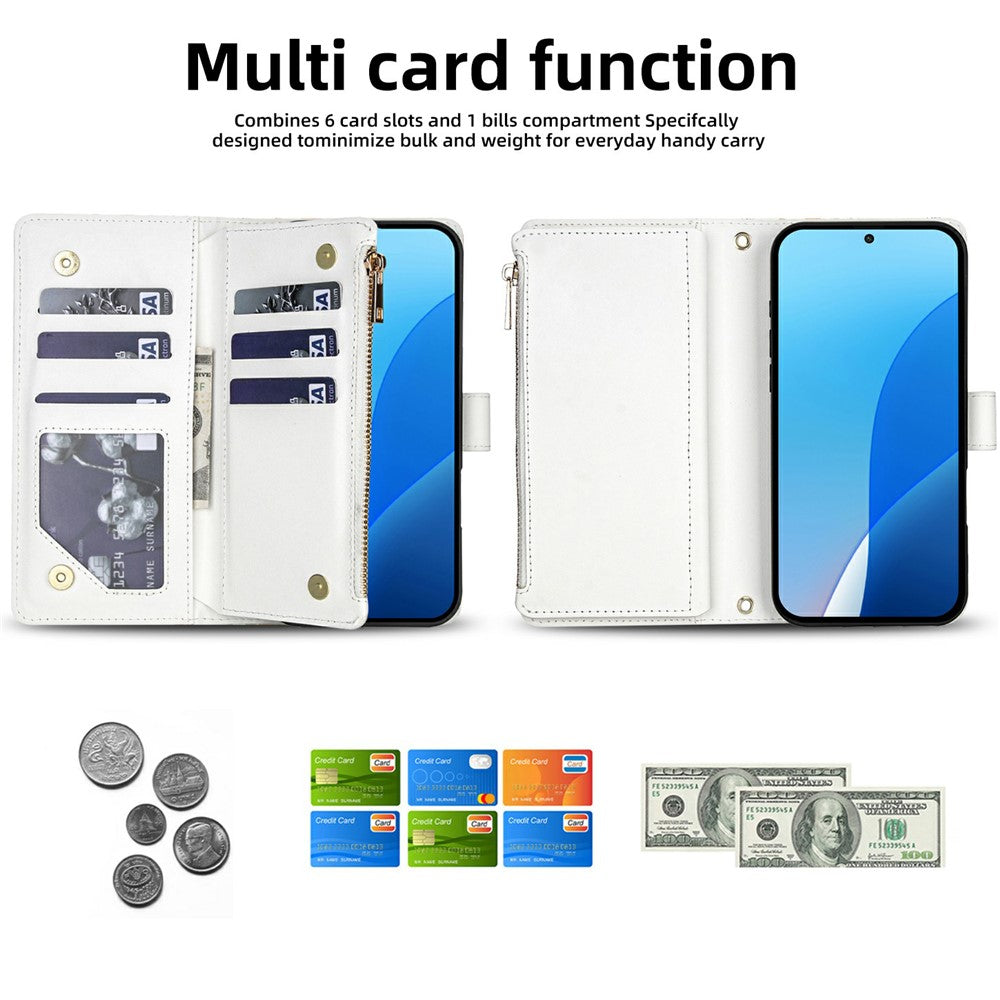 Leather Case For Xiaomi Redmi Note 14 5G  /  Poco M7 Pro 5G Rhombic Floral Pattern Zipper Wallet Phone Cover with Wrist Strap   /   Shoulder Strap