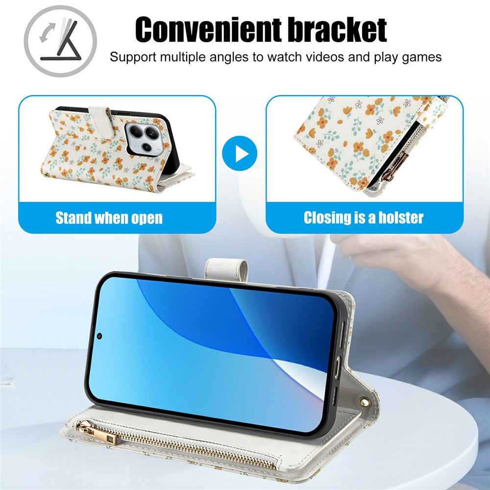 Leather Case For Xiaomi Redmi Note 14 5G  /  Poco M7 Pro 5G Rhombic Floral Pattern Zipper Wallet Phone Cover with Wrist Strap   /   Shoulder Strap