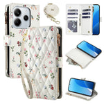 Leather Case For Xiaomi Redmi Note 14 5G  /  Poco M7 Pro 5G Rhombic Floral Pattern Zipper Wallet Phone Cover with Wrist Strap   /   Shoulder Strap