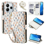 Leather Case For Xiaomi Redmi Note 14 5G  /  Poco M7 Pro 5G Rhombic Floral Pattern Zipper Wallet Phone Cover with Wrist Strap   /   Shoulder Strap