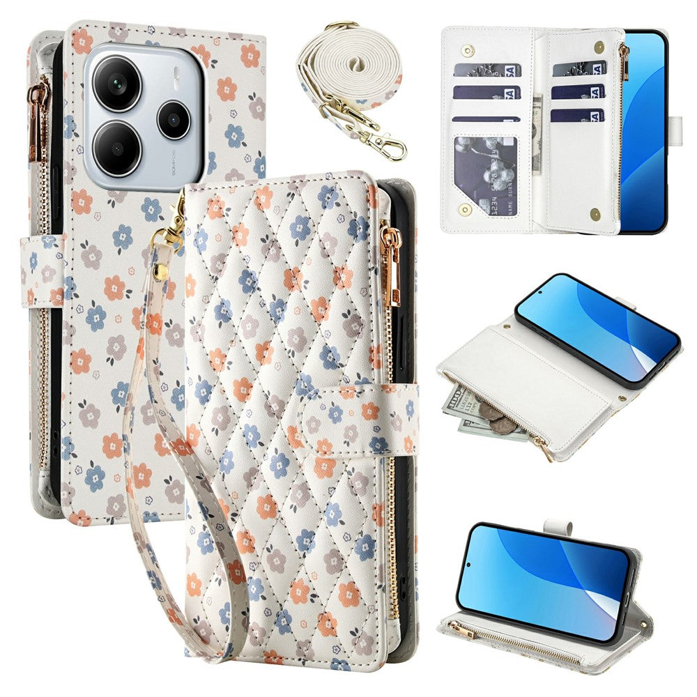 Leather Case For Xiaomi Redmi Note 14 5G  /  Poco M7 Pro 5G Rhombic Floral Pattern Zipper Wallet Phone Cover with Wrist Strap   /   Shoulder Strap