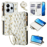 Leather Case For Xiaomi Redmi Note 14 5G  /  Poco M7 Pro 5G Rhombic Floral Pattern Zipper Wallet Phone Cover with Wrist Strap   /   Shoulder Strap