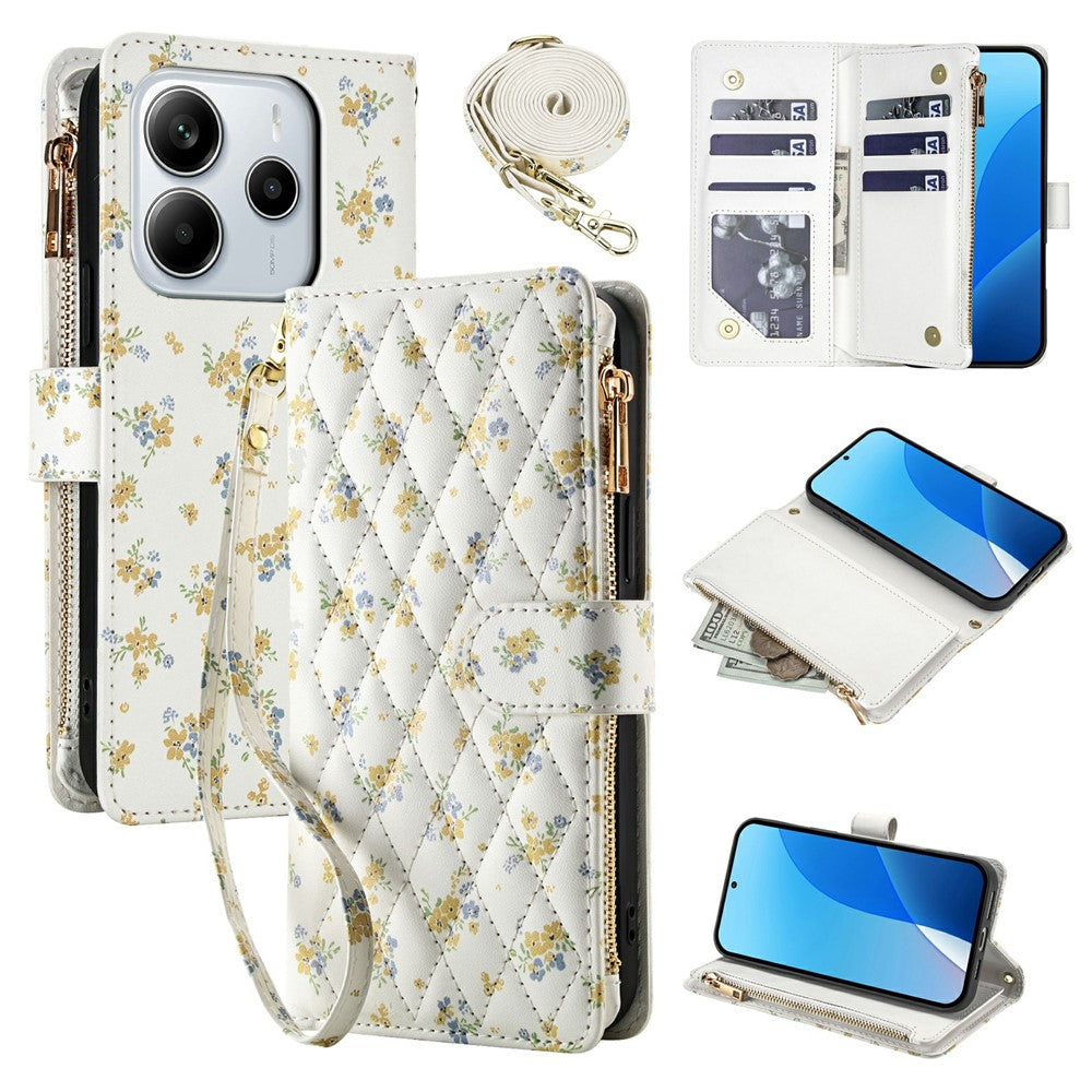Leather Case For Xiaomi Redmi Note 14 5G  /  Poco M7 Pro 5G Rhombic Floral Pattern Zipper Wallet Phone Cover with Wrist Strap   /   Shoulder Strap