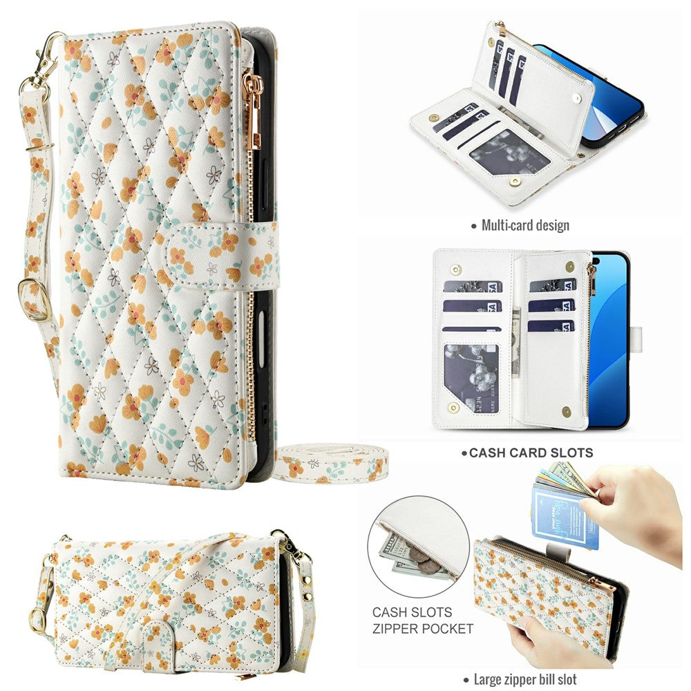 Leather Case For Xiaomi Redmi Note 14 Pro 5G  /  Poco X7 5G  /  Redmi Note 14 Pro+ 5G Rhombic Floral Pattern Zipper Wallet Phone Cover with Wrist Strap   /   Shoulder Strap