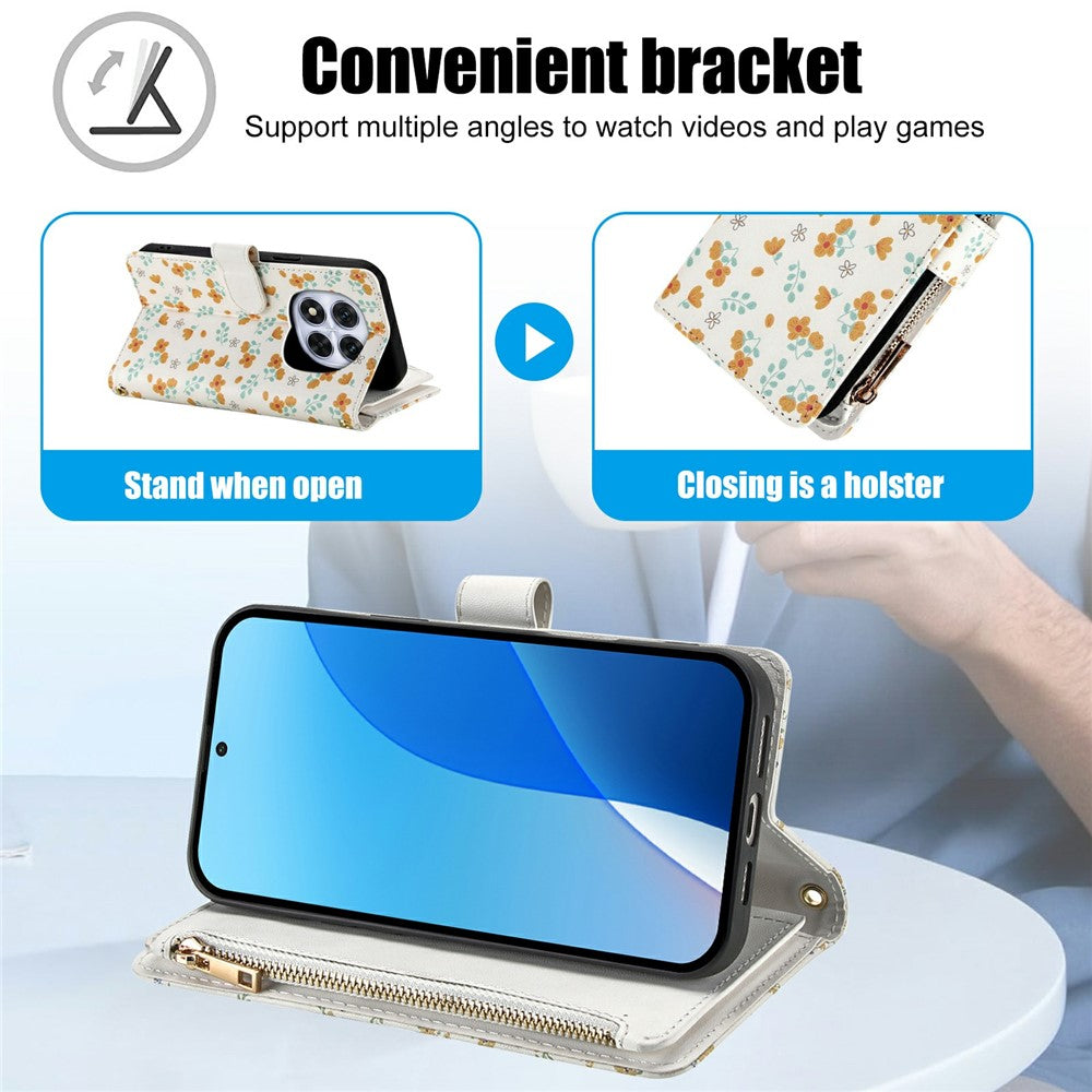 Leather Case For Xiaomi Redmi Note 14 Pro 5G  /  Poco X7 5G  /  Redmi Note 14 Pro+ 5G Rhombic Floral Pattern Zipper Wallet Phone Cover with Wrist Strap   /   Shoulder Strap