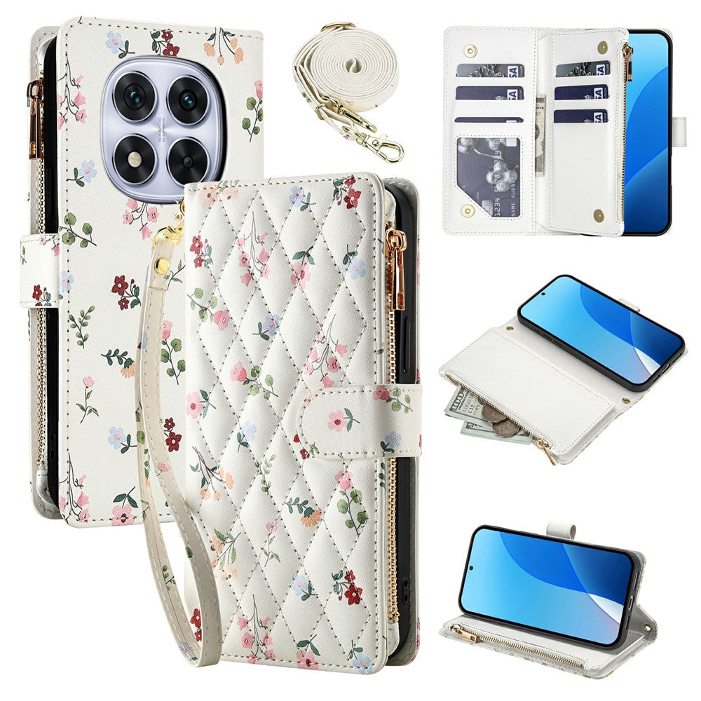 Leather Case For Xiaomi Redmi Note 14 Pro 5G  /  Poco X7 5G  /  Redmi Note 14 Pro+ 5G Rhombic Floral Pattern Zipper Wallet Phone Cover with Wrist Strap   /   Shoulder Strap