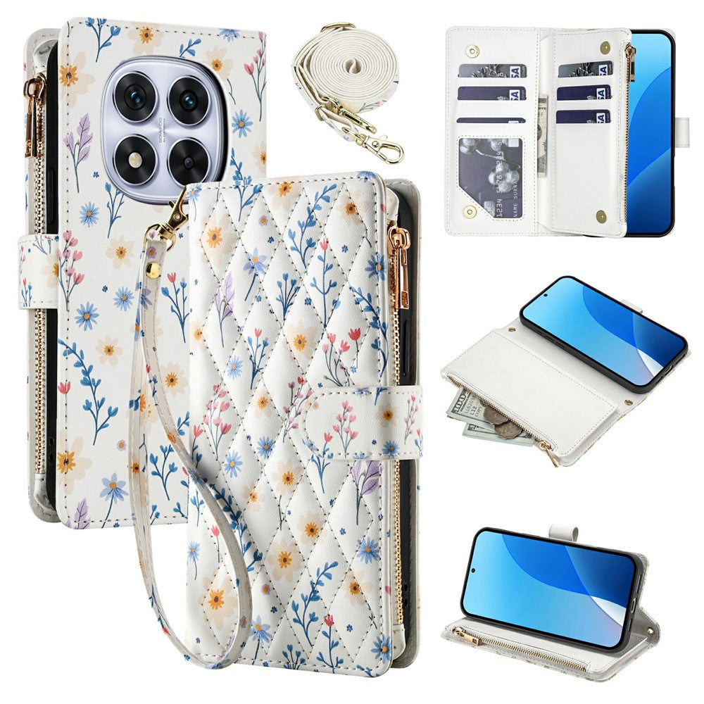 Leather Case For Xiaomi Redmi Note 14 Pro 5G  /  Poco X7 5G  /  Redmi Note 14 Pro+ 5G Rhombic Floral Pattern Zipper Wallet Phone Cover with Wrist Strap   /   Shoulder Strap