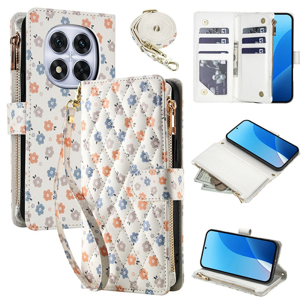 Leather Case For Xiaomi Redmi Note 14 Pro 5G  /  Poco X7 5G  /  Redmi Note 14 Pro+ 5G Rhombic Floral Pattern Zipper Wallet Phone Cover with Wrist Strap   /   Shoulder Strap